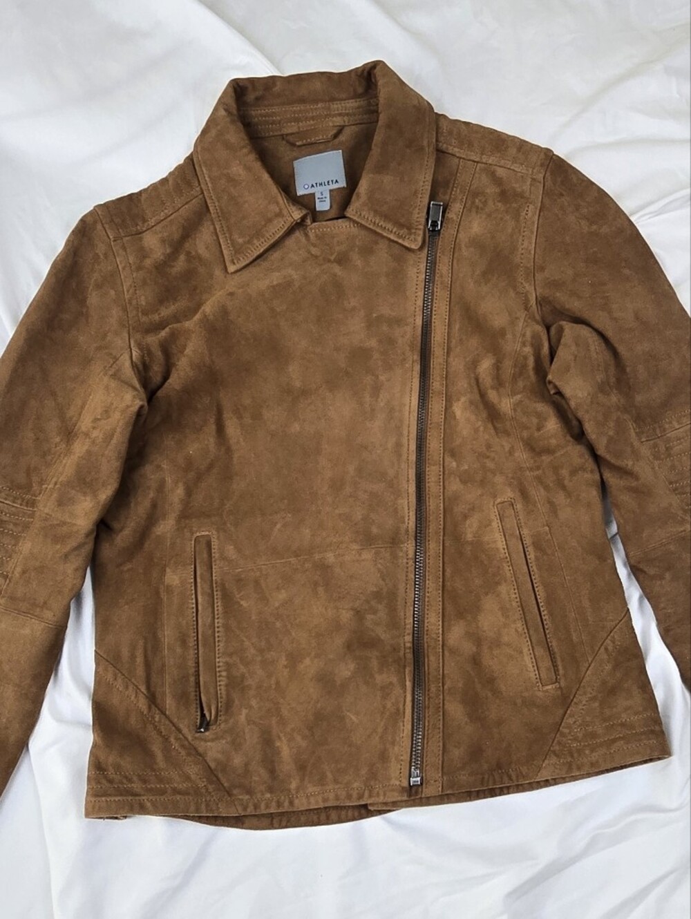 Athleta Helena Genuine Suede Leather Moto Jacket Burnished Brown Women's Size S
